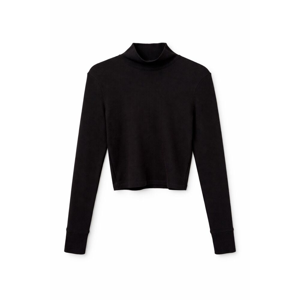 American Eagle Black Ribbed Mock Neck Long Sleeve Top Medium Fitted Capsule 90s